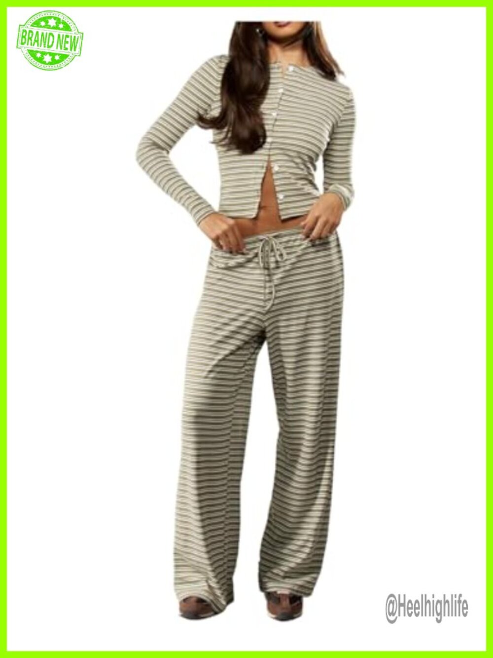 SweatyRocks Striped 2 Piece Pants Set Button Down Long Sleeve Knit Top